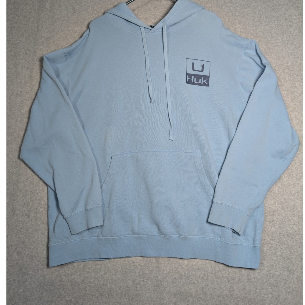 Huk Mens Hoodie Sweater Mens XXL Light Blue Fishing Logo Outdoor Relaxed *FLAWS